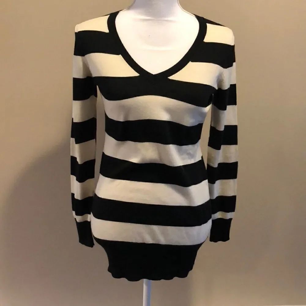 Milly Cream & Black Striped V Neck Sweater